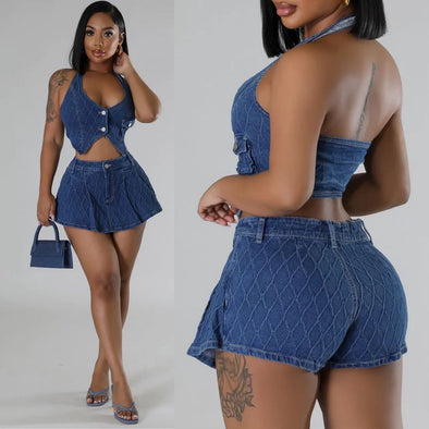Women's Sleeveless Sexy Backless Halter Vest Top Shorts