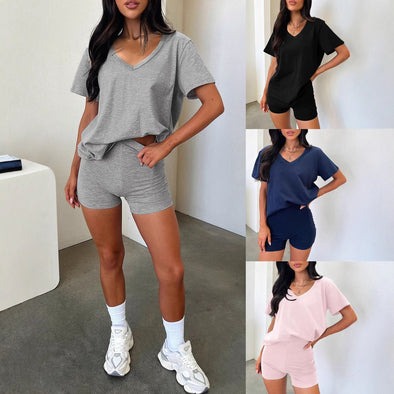 V-neck Fashion Solid Color Casual Fashion Shorts Suit Women